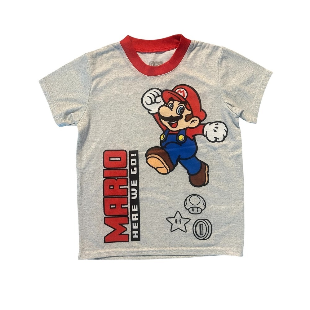 Nintendo Super Mario Kids T-Shirt Gray Red XS 4/5 Here We Go Graphic Tee (0901)